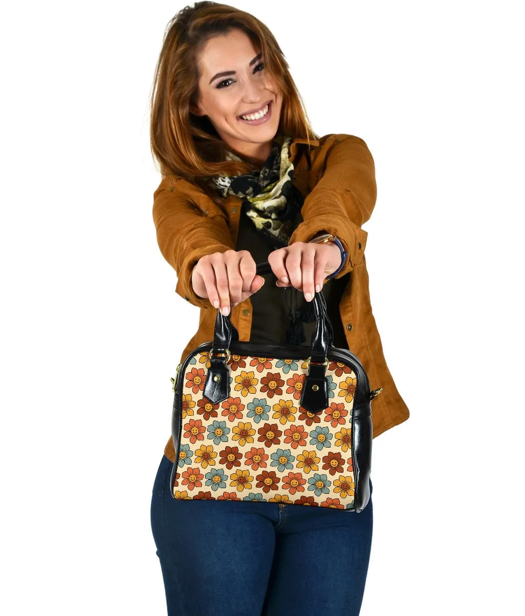 Retro 1970s Smiling Flowers | Leather Shoulder Bag