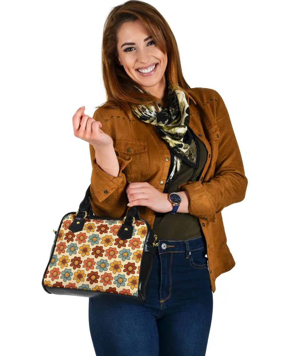 Retro 1970s Smiling Flowers | Leather Shoulder Bag
