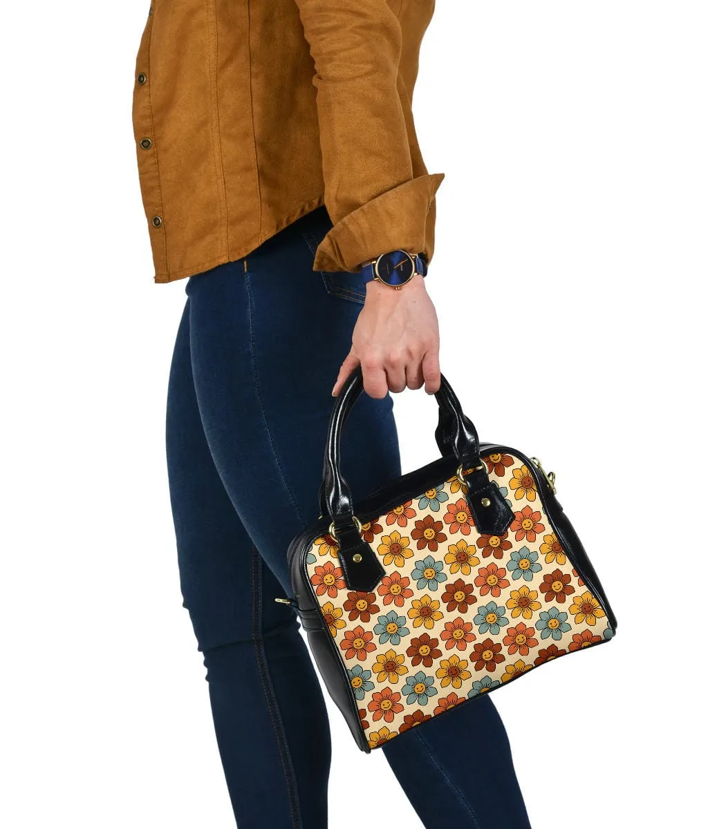 Retro 1970s Smiling Flowers | Leather Shoulder Bag