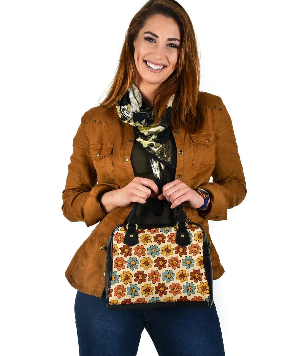 Retro 1970s Smiling Flowers | Leather Shoulder Bag