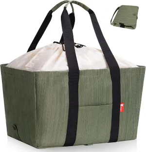 Reusable Grocery Bag, Soft Large Utility Tote Bag with Lid, Foldable Heavy Duty Shopping Bags with Long Handles & Reinforced Bottom (Green)