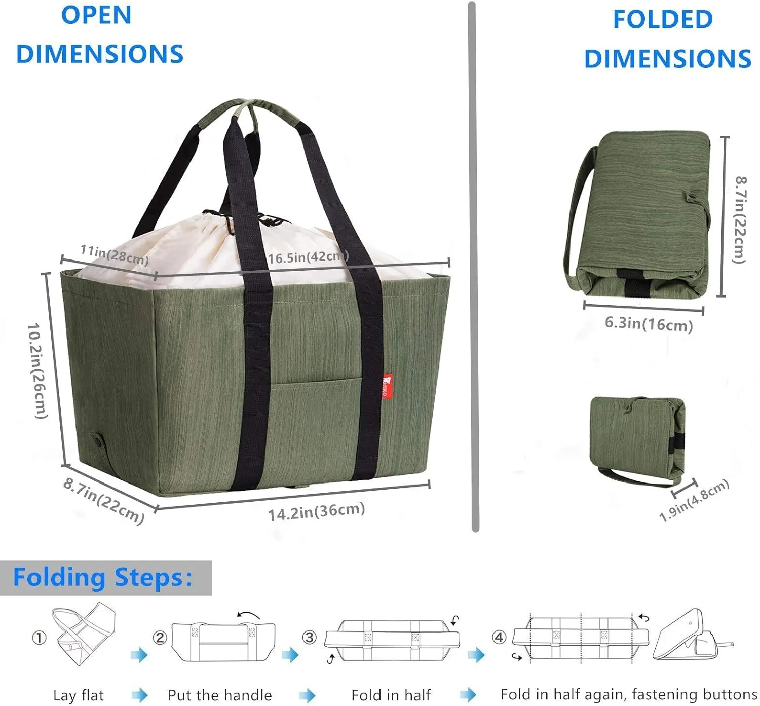 Reusable Grocery Bag, Soft Large Utility Tote Bag with Lid, Foldable Heavy Duty Shopping Bags with Long Handles & Reinforced Bottom (Green)