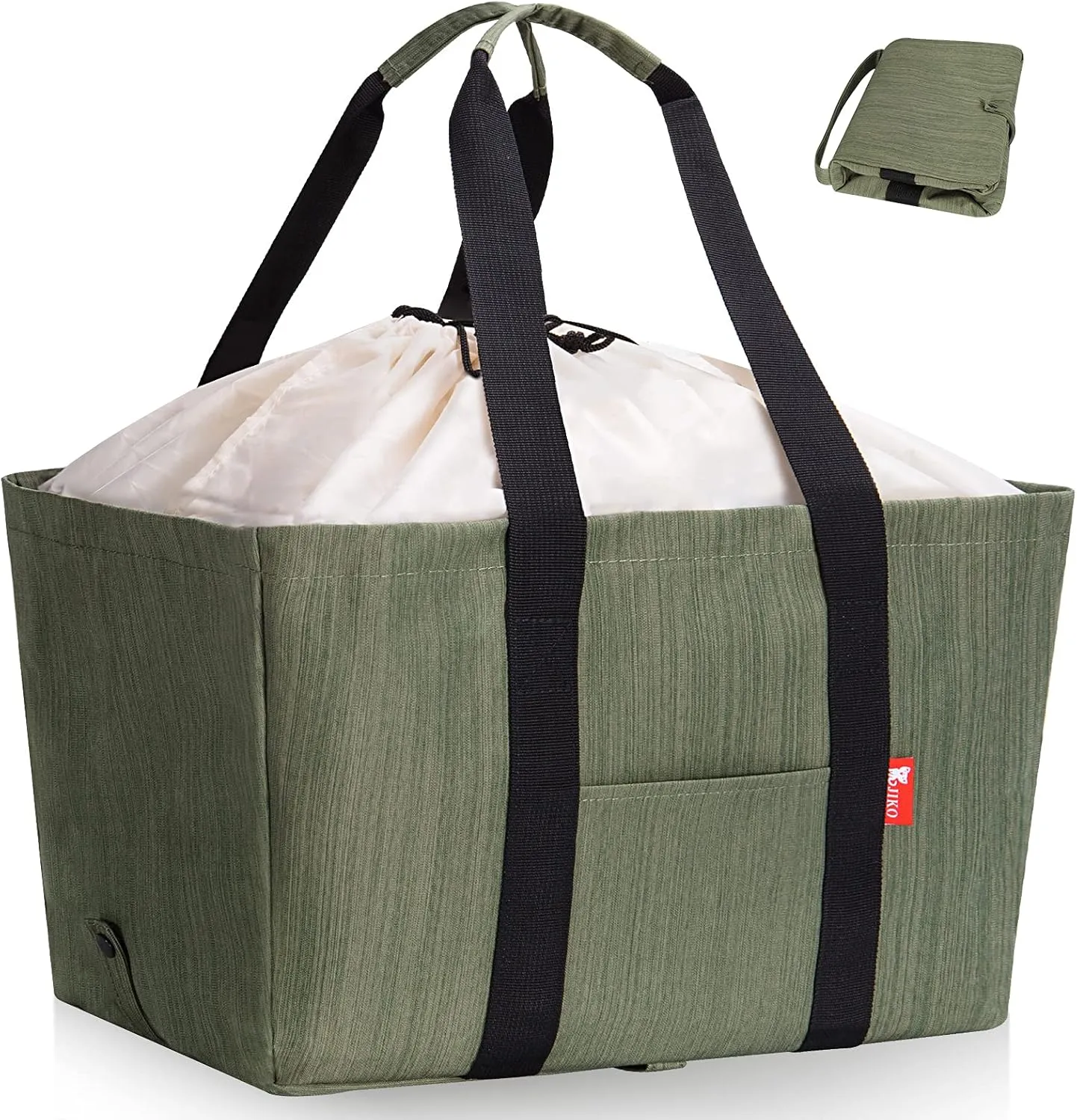 Reusable Grocery Bag, Soft Large Utility Tote Bag with Lid, Foldable Heavy Duty Shopping Bags with Long Handles & Reinforced Bottom (Green)