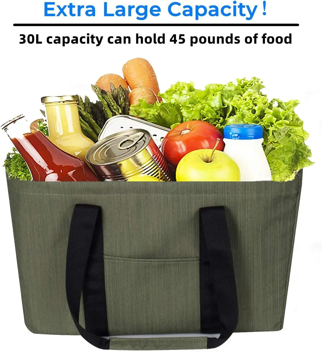 Reusable Grocery Bag, Soft Large Utility Tote Bag with Lid, Foldable Heavy Duty Shopping Bags with Long Handles & Reinforced Bottom (Green)