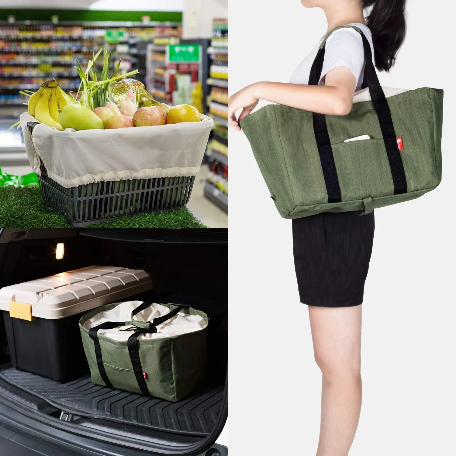 Reusable Grocery Bag, Soft Large Utility Tote Bag with Lid, Foldable Heavy Duty Shopping Bags with Long Handles & Reinforced Bottom (Green)
