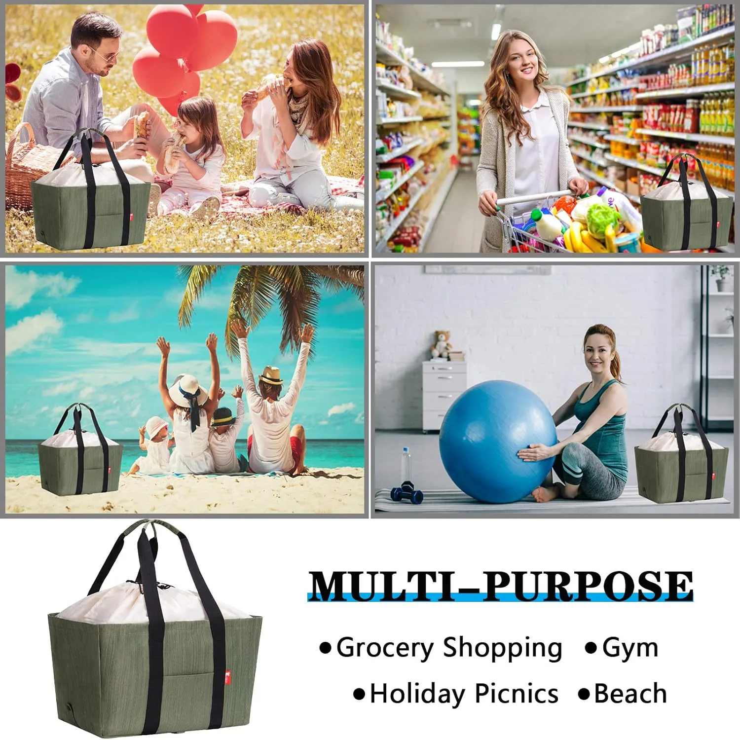 Reusable Grocery Bag, Soft Large Utility Tote Bag with Lid, Foldable Heavy Duty Shopping Bags with Long Handles & Reinforced Bottom (Green)