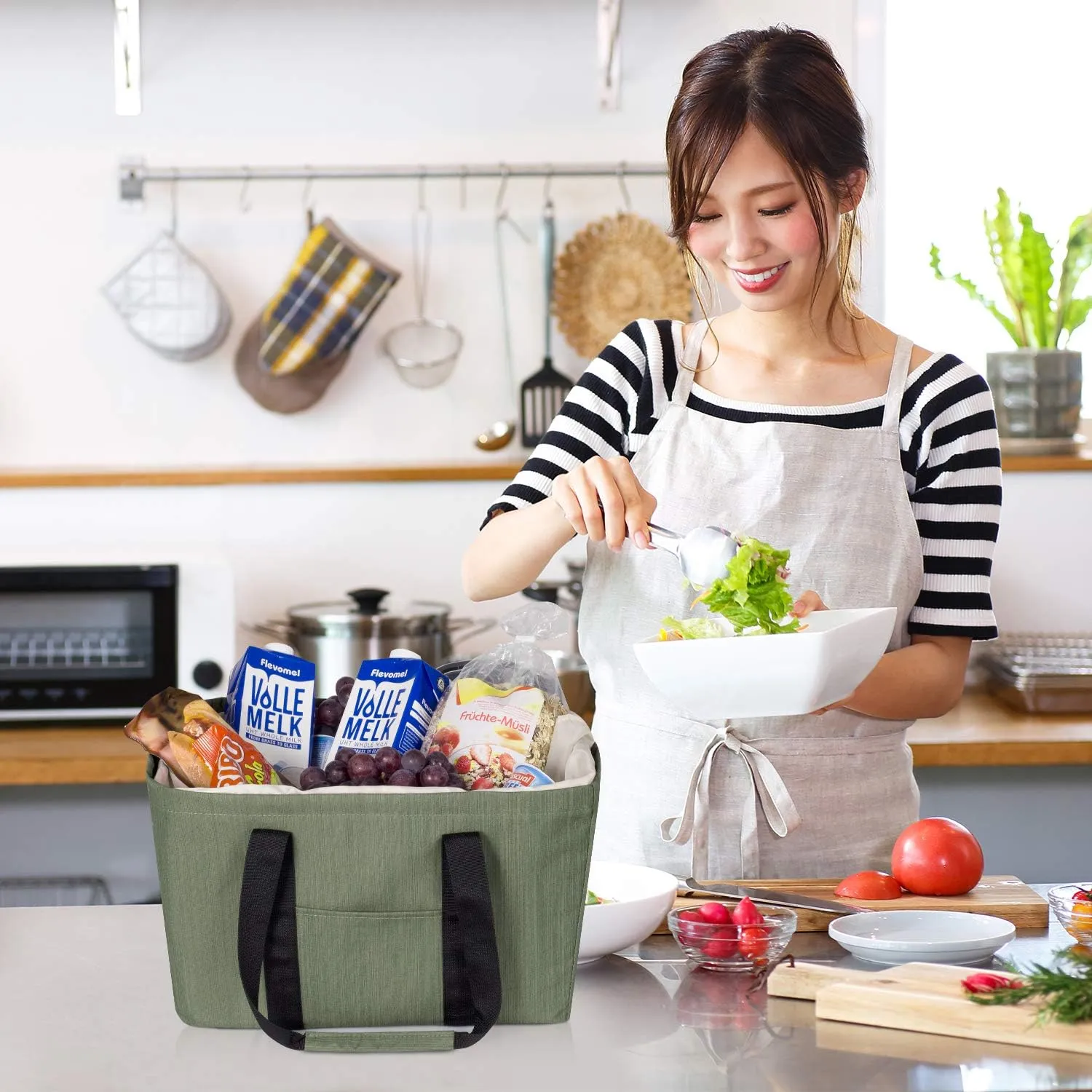 Reusable Grocery Bag, Soft Large Utility Tote Bag with Lid, Foldable Heavy Duty Shopping Bags with Long Handles & Reinforced Bottom (Green)