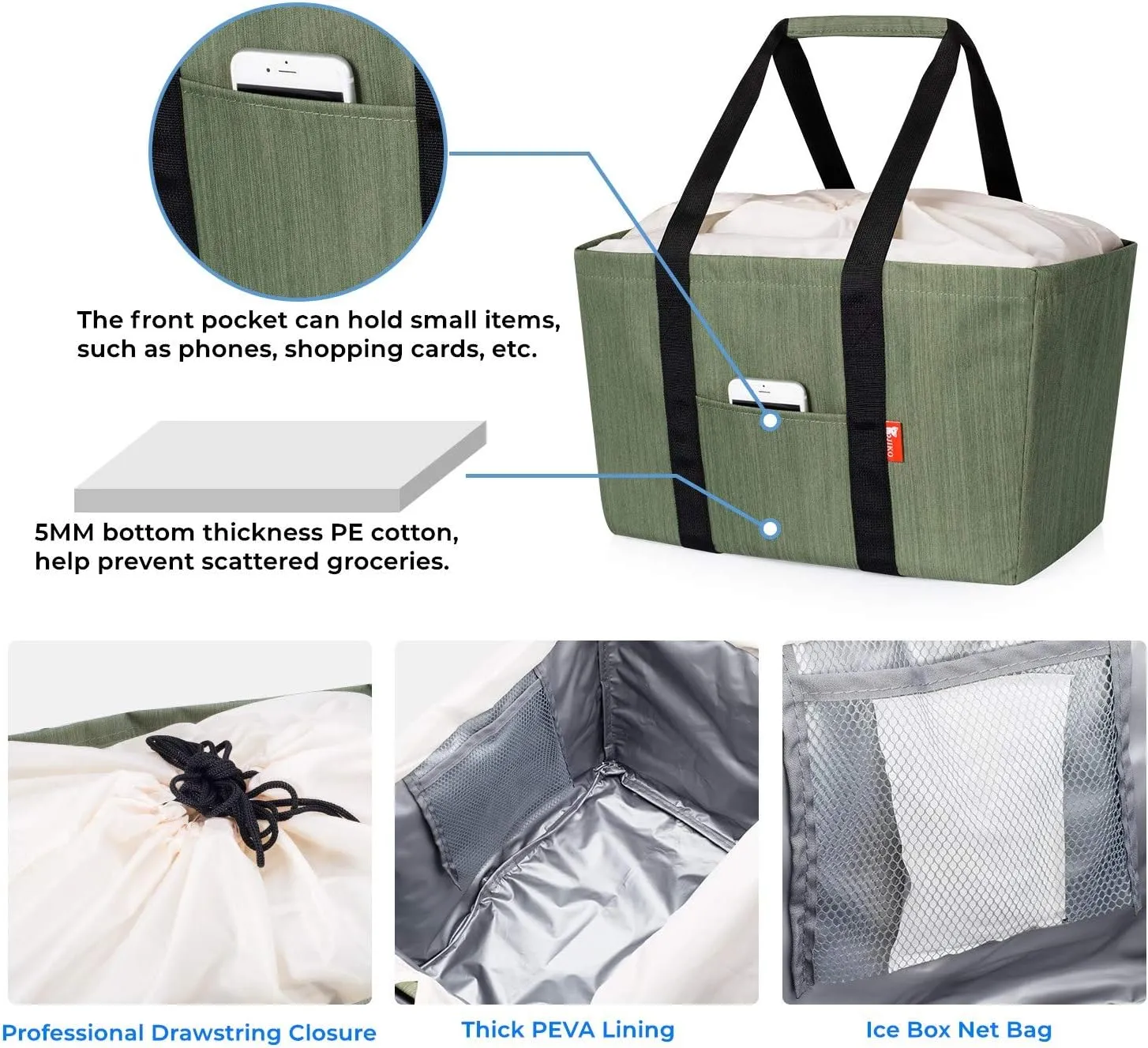 Reusable Grocery Bag, Soft Large Utility Tote Bag with Lid, Foldable Heavy Duty Shopping Bags with Long Handles & Reinforced Bottom (Green)