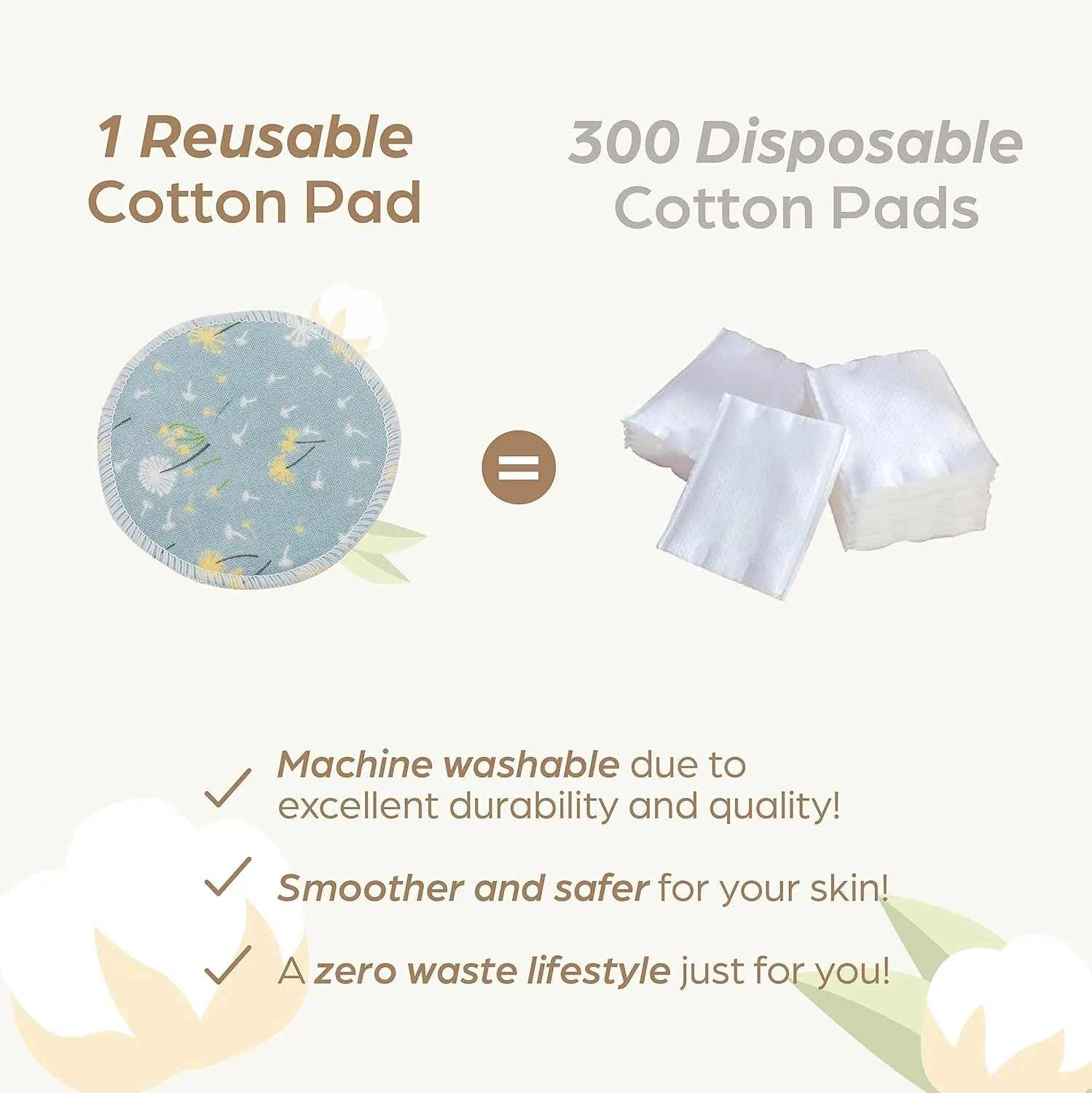 Reusable Pads, Makeup Remover, Organic Cotton Rounds, Pads Facial Rounds Fabric Pouch Laundry Bag (Flower)
