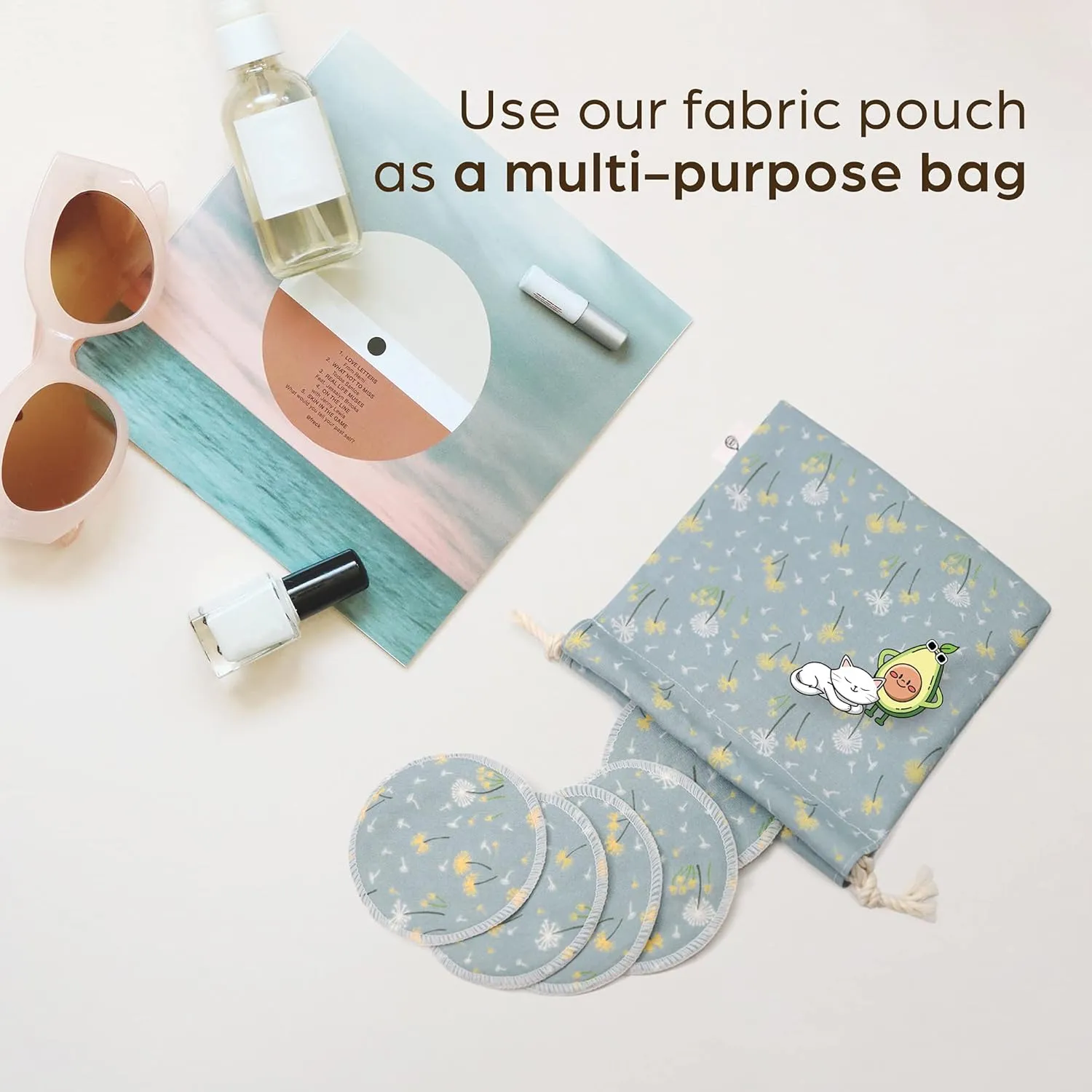 Reusable Pads, Makeup Remover, Organic Cotton Rounds, Pads Facial Rounds Fabric Pouch Laundry Bag (Flower)