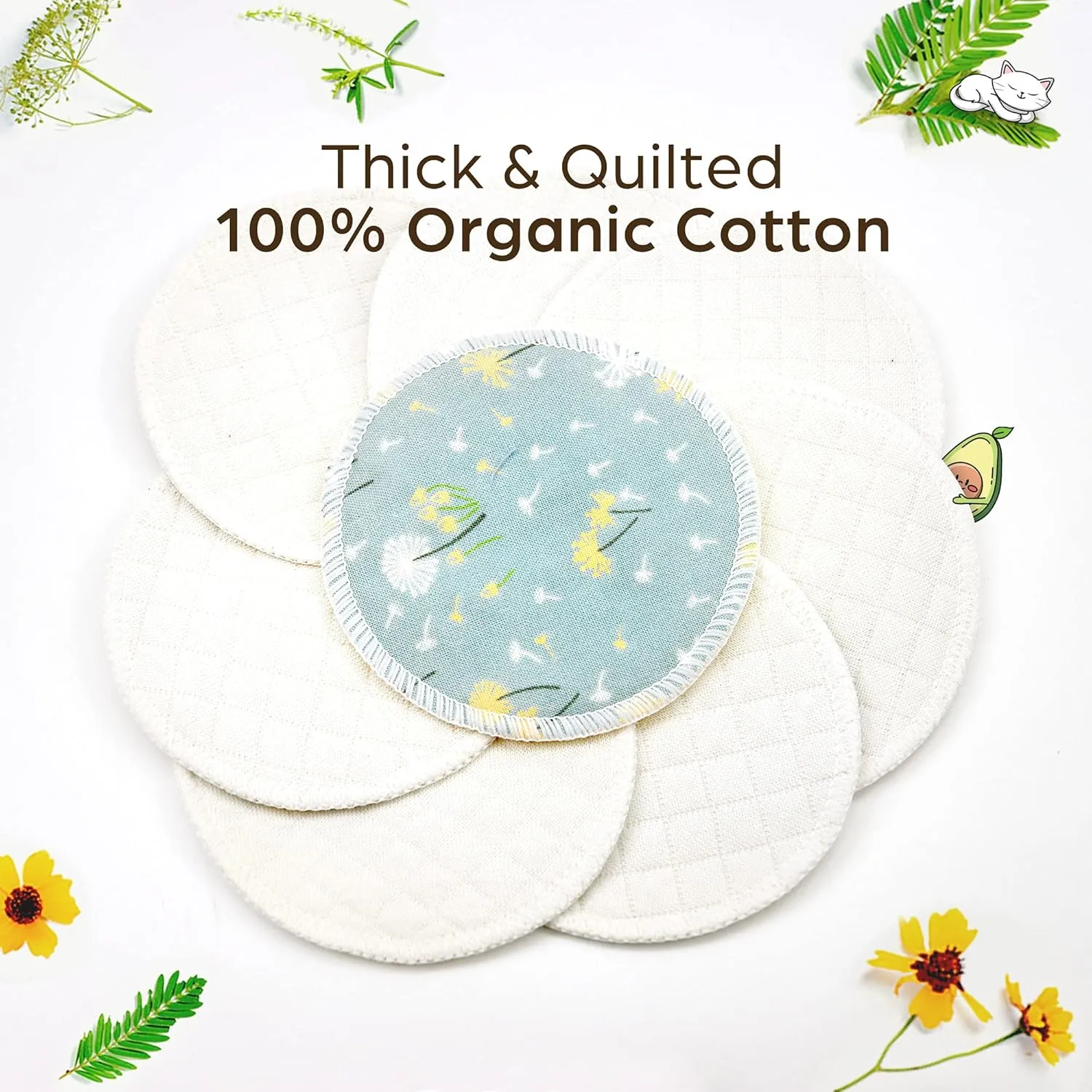 Reusable Pads, Makeup Remover, Organic Cotton Rounds, Pads Facial Rounds Fabric Pouch Laundry Bag (Flower)