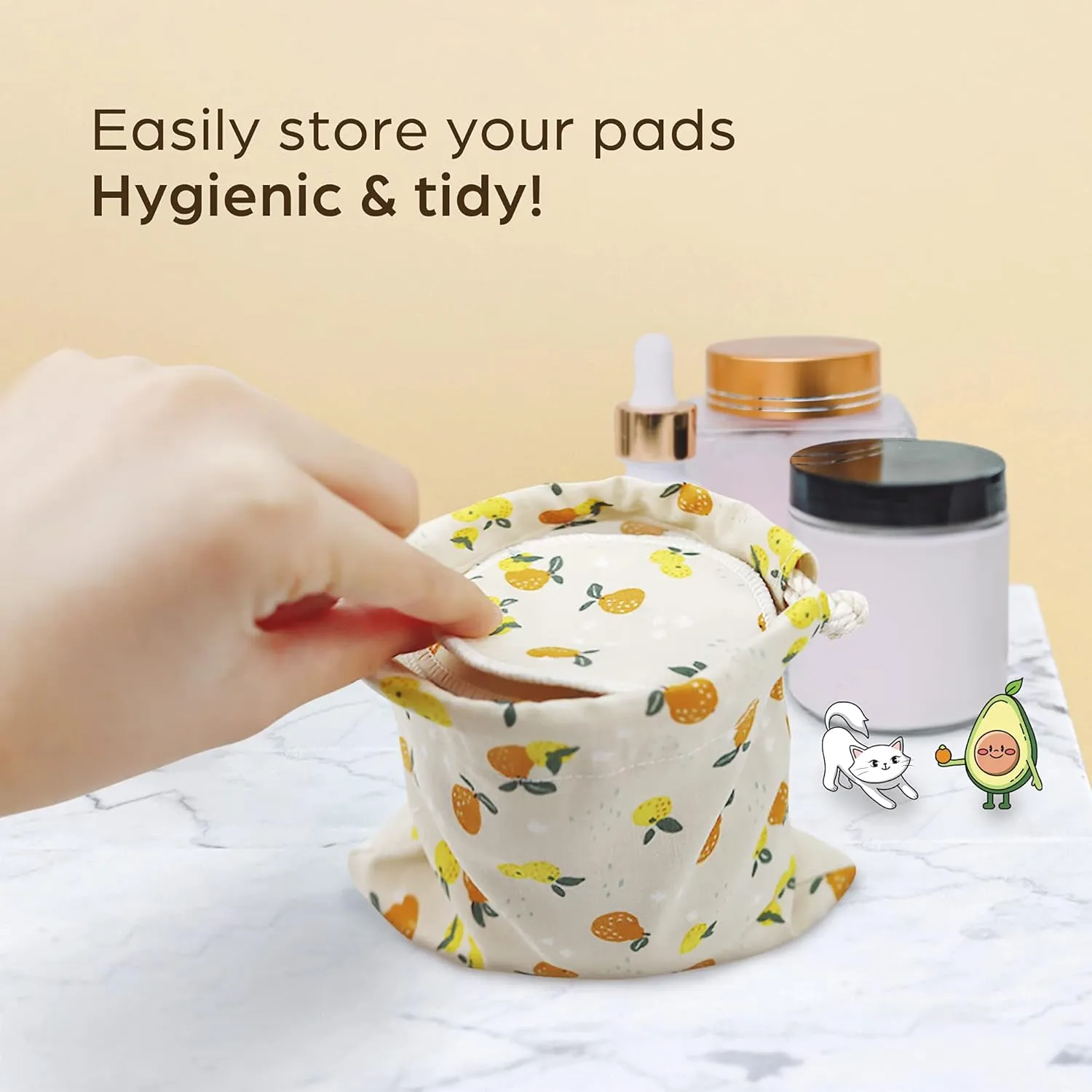 Reusable Pads, Makeup Remover, Organic Cotton Rounds, Pads Facial Rounds Fabric Pouch Laundry Bag (Mandarin)