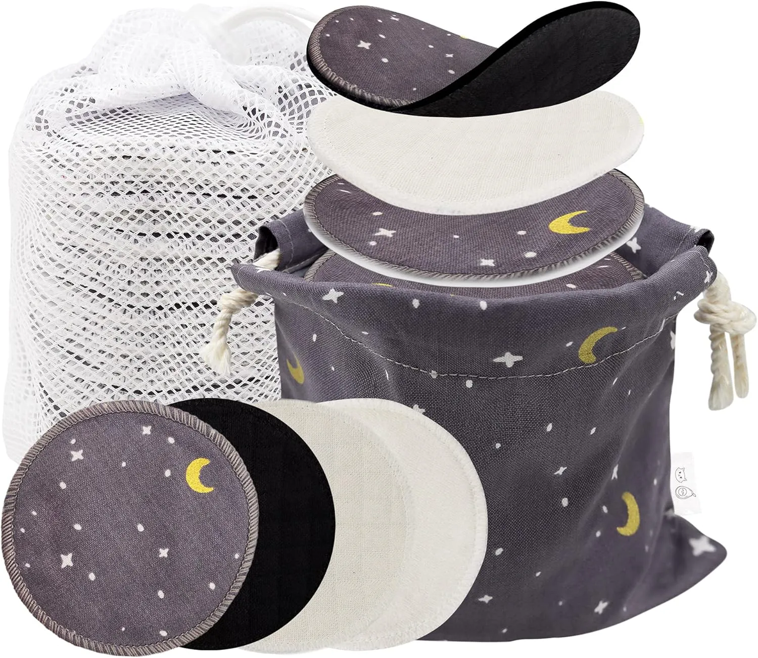 Reusable Pads, Makeup Remover, Organic Cotton Rounds, Pads Facial Rounds Fabric Pouch Laundry Bag (Moon&Star Variety Set)