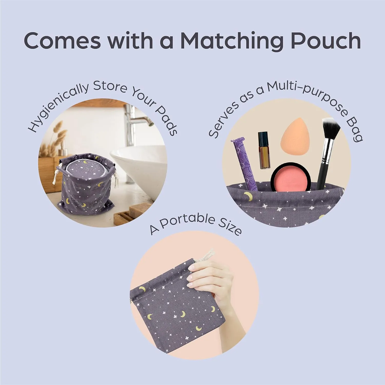 Reusable Pads, Makeup Remover, Organic Cotton Rounds, Pads Facial Rounds Fabric Pouch Laundry Bag (Moon&Star Variety Set)