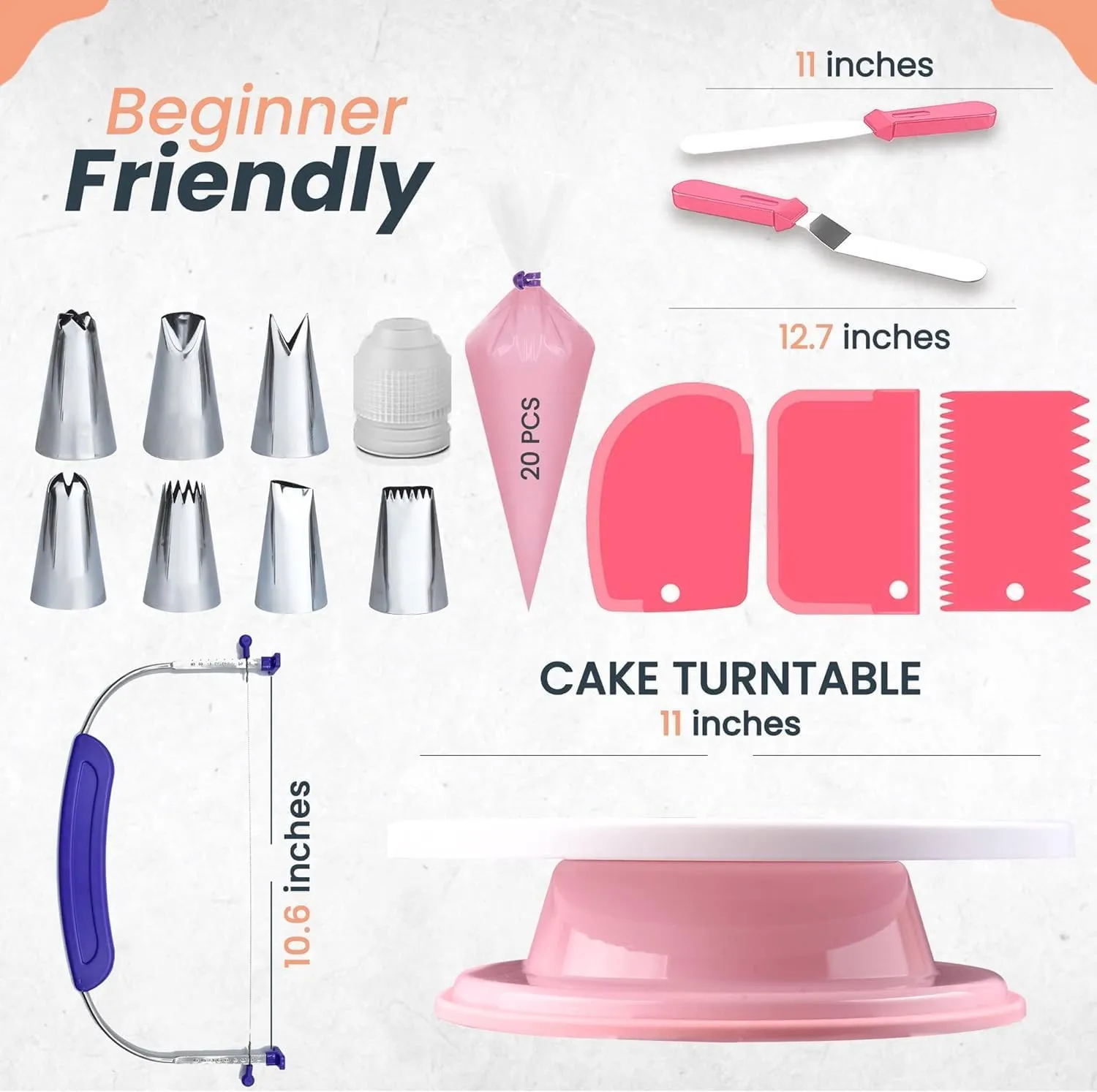 RFAQK 35PCs Cake Turntable and Leveler-Rotating Cake Stand with Non Slip pad-7 Icing Tips and 20 Bags- Straight & Offset Spatula-3 Scraper Set -EBook-Cake Decorating Supplies Kit -Baking Tools