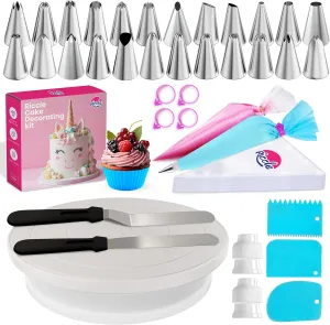Riccle 94 pcs Cake Decorating Kit with Cake Turntable - Includes 50pcs 16 Inch Disposable   2 Reusable Piping Bags and Tips Set, 24 Icing Piping Tips, 2 Spatulas, 3 Icing Comb Scraper, 6 Cake Liners