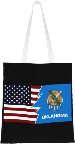 Ripped Style American And Flag Of Oklahoma Tote Bag for Women Canvas Shopping Bags Reusable Large Capacity Casual Shoulder Handbags Grocery Bags DIY Gift Bags