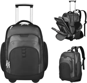 Rolling Laptop Bag with Wheels, Adjustable 13-17.3 Inch Computer Travel Backpack for Men & Women, Wheeled Work Bag, Carry-on Luggage