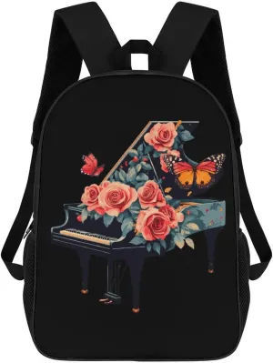 Rose Flower Music Piano Travel Backpack 17 Inch Laptop Bag Carry On Backpack Casual Daypack for Weekender Business Hiking