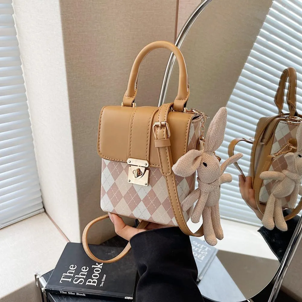 RTGGSEL Quilted Lattice Crossbody Shoulder Bags for Women Small Tote Square Satchel Handbags Purse with Bunny Doll Pendant