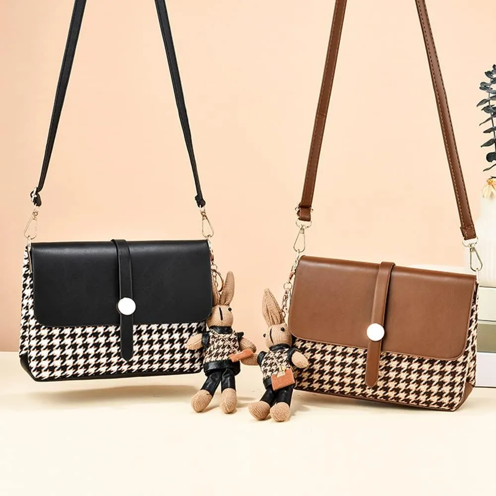 RTGGSEL Quilted Lattice Crossbody Shoulder Bags for Women Small Tote Square Satchel Handbags Purse with Bunny Doll Pendant