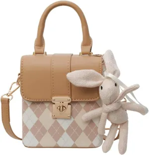 RTGGSEL Quilted Lattice Crossbody Shoulder Bags for Women Small Tote Square Satchel Handbags Purse with Bunny Doll Pendant