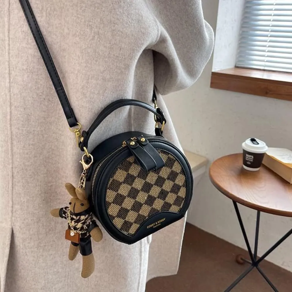 RTGGSEL Quilted Lattice Crossbody Shoulder Bags for Women Small Tote Square Satchel Handbags Purse with Bunny Doll Pendant