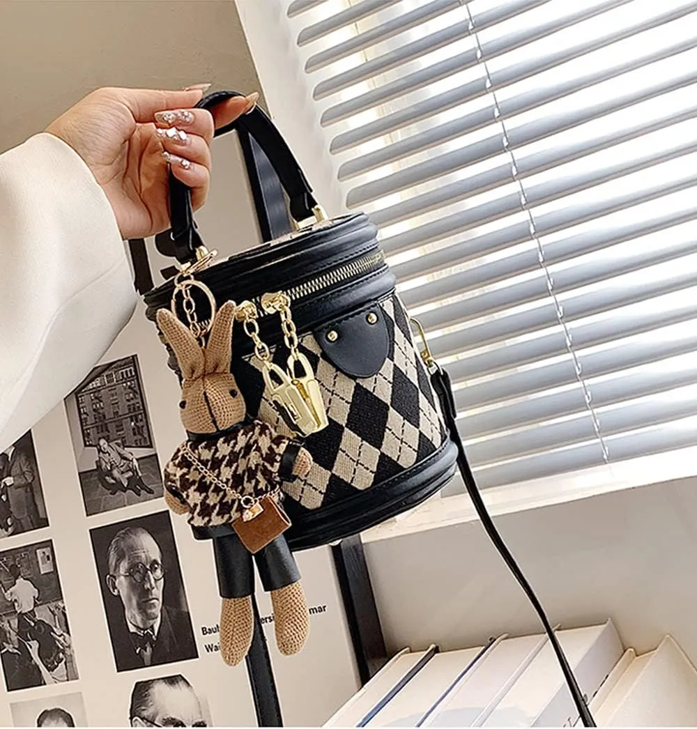 RTGGSEL Quilted Lattice Crossbody Shoulder Bags for Women Small Tote Square Satchel Handbags Purse with Bunny Doll Pendant