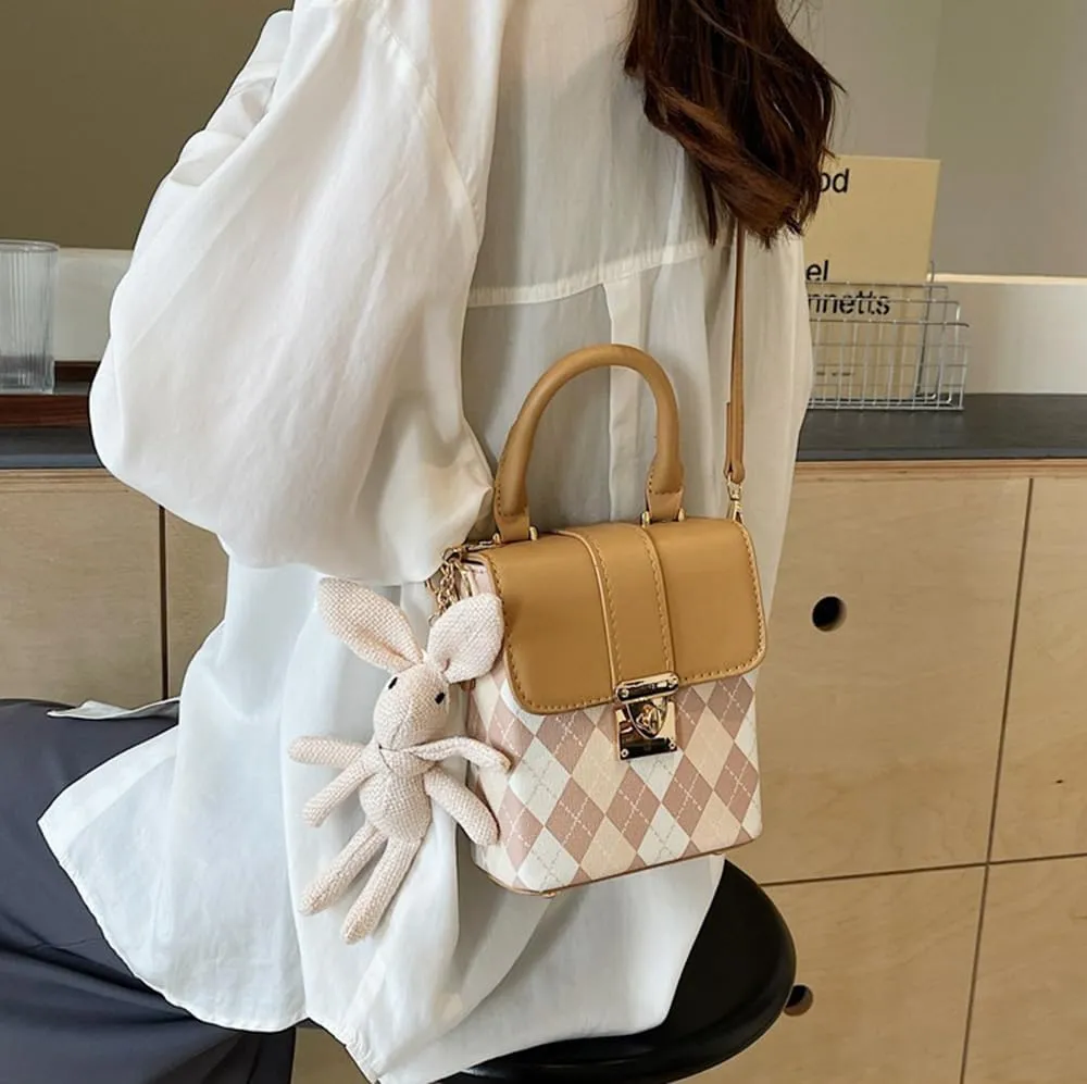 RTGGSEL Quilted Lattice Crossbody Shoulder Bags for Women Small Tote Square Satchel Handbags Purse with Bunny Doll Pendant
