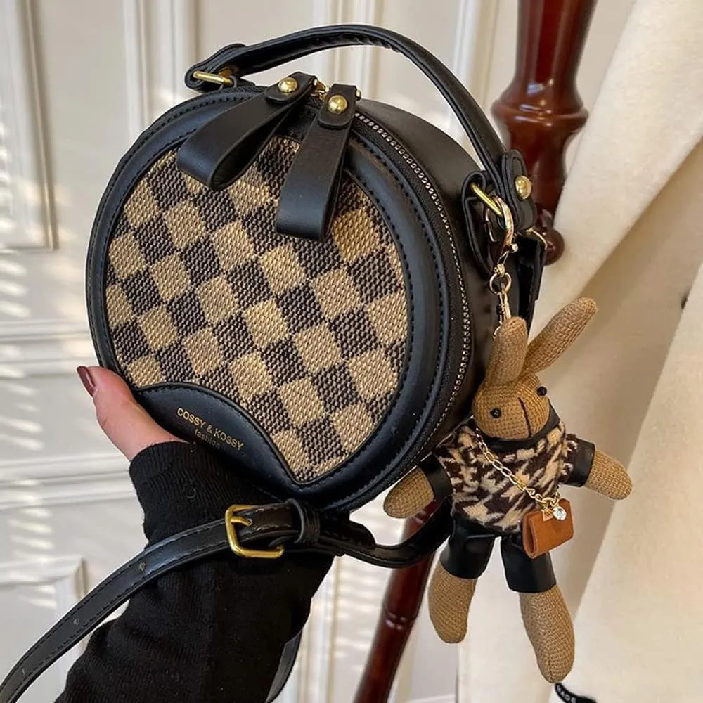 RTGGSEL Quilted Lattice Crossbody Shoulder Bags for Women Small Tote Square Satchel Handbags Purse with Bunny Doll Pendant