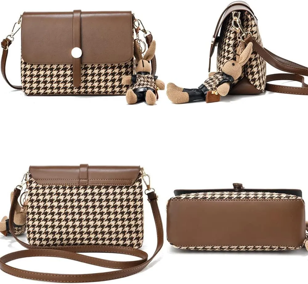 RTGGSEL Quilted Lattice Crossbody Shoulder Bags for Women Small Tote Square Satchel Handbags Purse with Bunny Doll Pendant