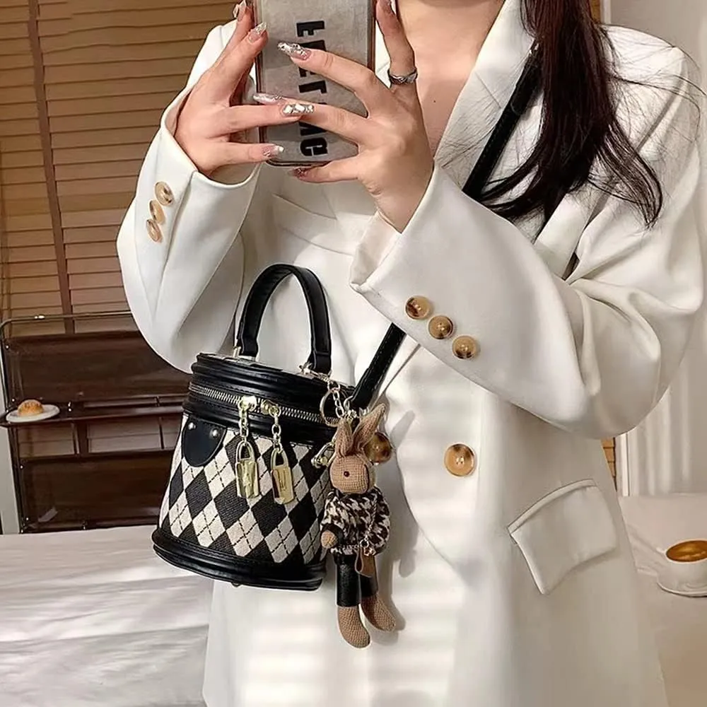 RTGGSEL Quilted Lattice Crossbody Shoulder Bags for Women Small Tote Square Satchel Handbags Purse with Bunny Doll Pendant