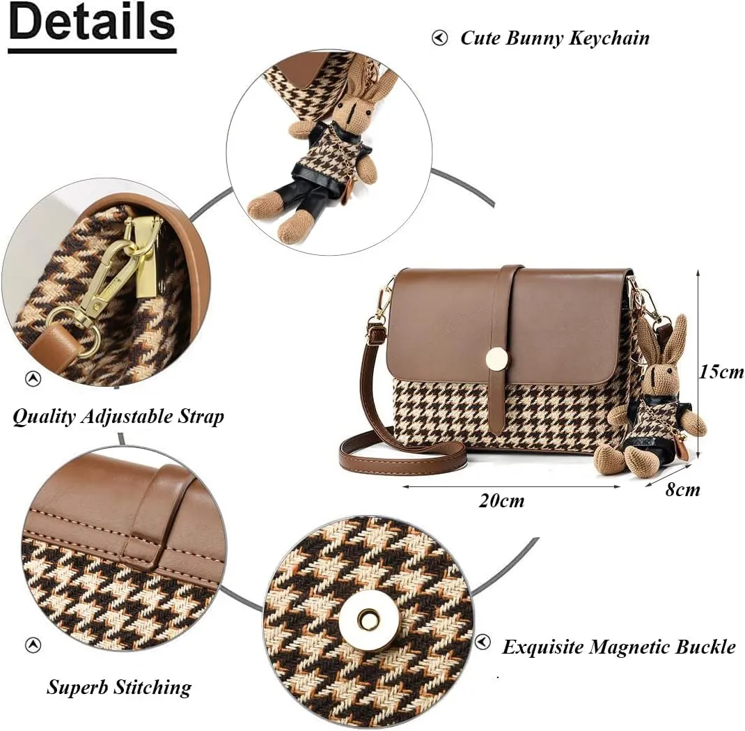 RTGGSEL Quilted Lattice Crossbody Shoulder Bags for Women Small Tote Square Satchel Handbags Purse with Bunny Doll Pendant