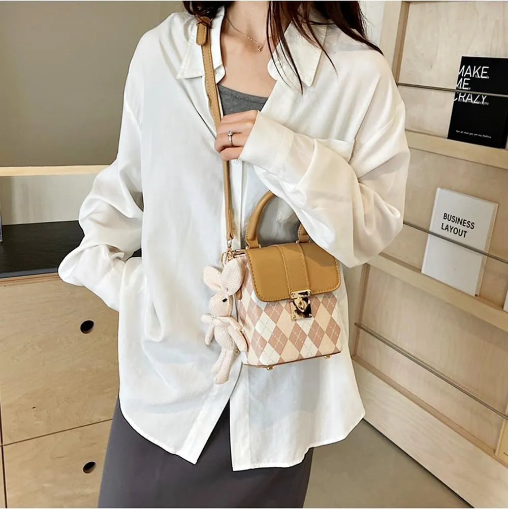 RTGGSEL Quilted Lattice Crossbody Shoulder Bags for Women Small Tote Square Satchel Handbags Purse with Bunny Doll Pendant