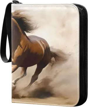Running Horses Card Binder 4 Pocket Collectible Trading Card Albums with 50 Sleeves Double Side PU Waterproof 3 Ring for Sports & Game Cards