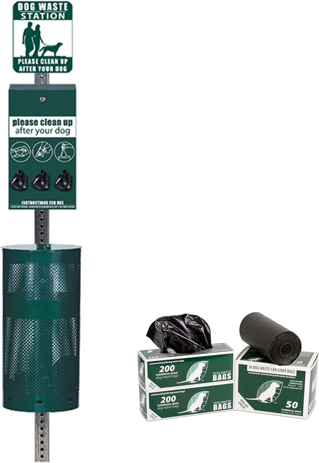 Rust Proof Aluminum Dog Waste Station for Roll Bags (Most Popular Bags) - Free 400 Waste Bags & 25 can Liners - Over 500k Sold in USA (Green)