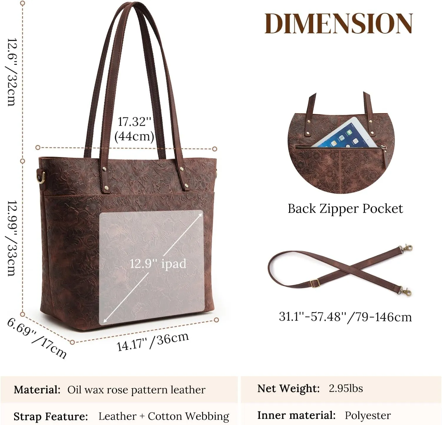S-ZONE Leather Tote Bag for Women Large Work Totes Designer with Adjustable Strap