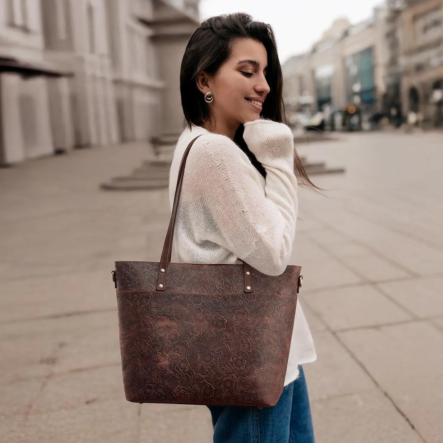 S-ZONE Leather Tote Bag for Women Large Work Totes Designer with Adjustable Strap