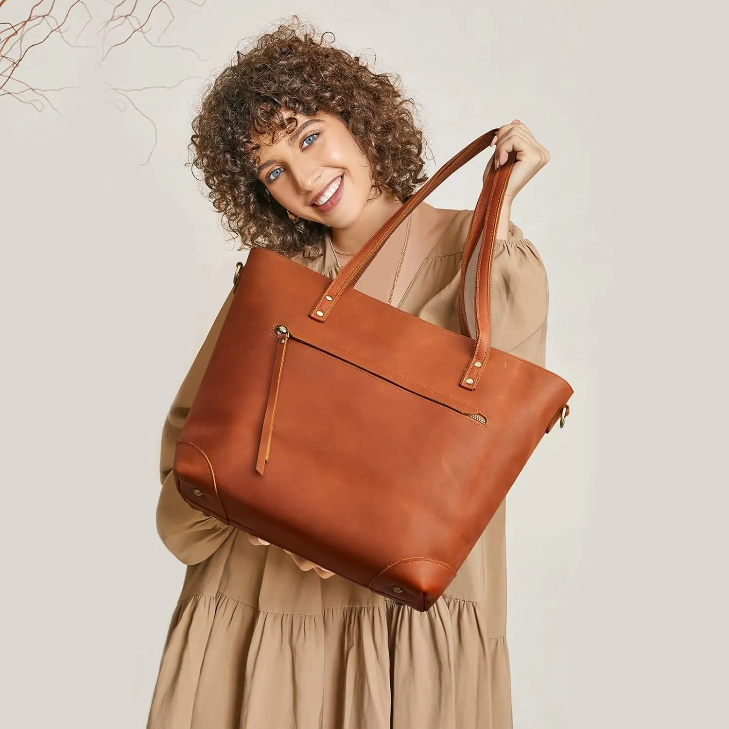 S-ZONE Vintage Genuine Leather Shoulder Bag Work Totes for Women Purse Handbag with Back Zipper Pocket Large