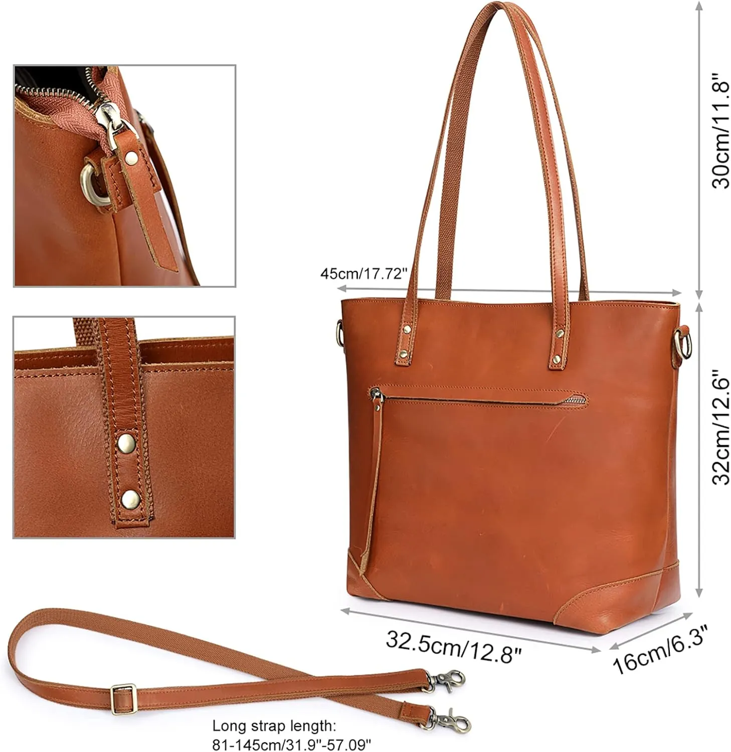 S-ZONE Vintage Genuine Leather Shoulder Bag Work Totes for Women Purse Handbag with Back Zipper Pocket Large