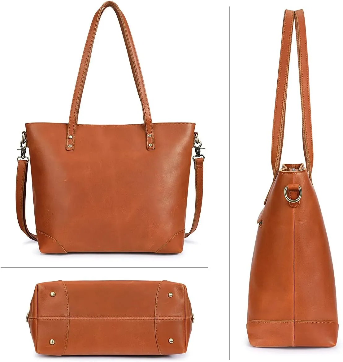 S-ZONE Vintage Genuine Leather Shoulder Bag Work Totes for Women Purse Handbag with Back Zipper Pocket Large