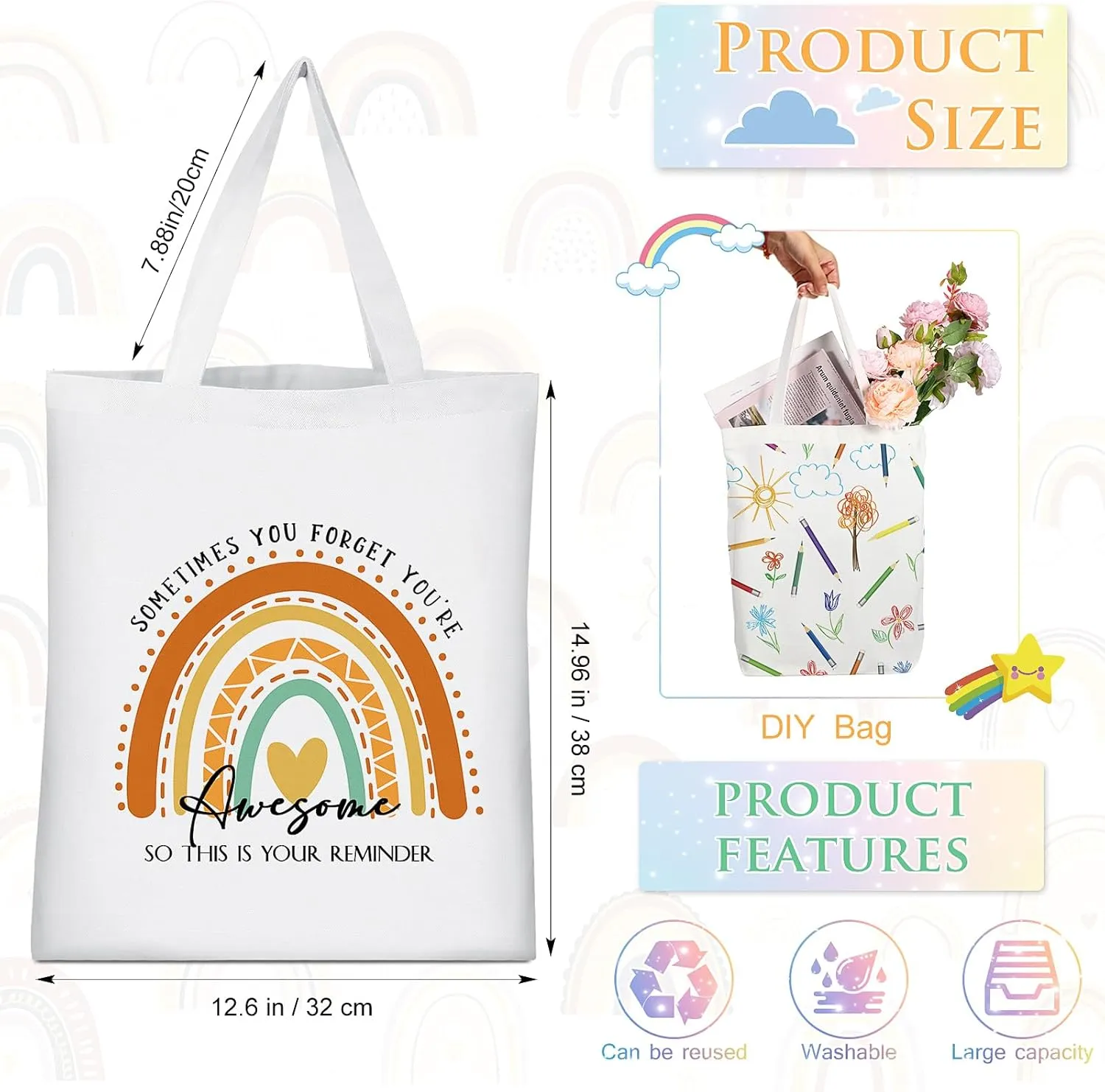 Sadnyy 20 Pcs Rainbow Canvas Tote Bag Teacher Employee Appreciation Gift Inspirational Tote Bag with Zipper for Office School
