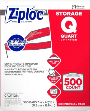 SC Johnson Professional Ziploc Storage Bags, For Food Organization and Storage, Double Zipper, Quart, 500 Count