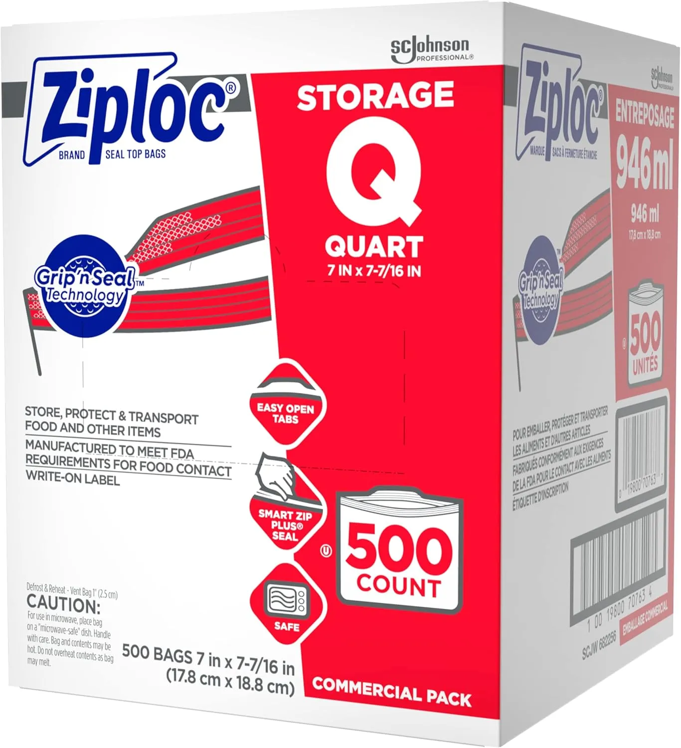 SC Johnson Professional Ziploc Storage Bags, For Food Organization and Storage, Double Zipper, Quart, 500 Count