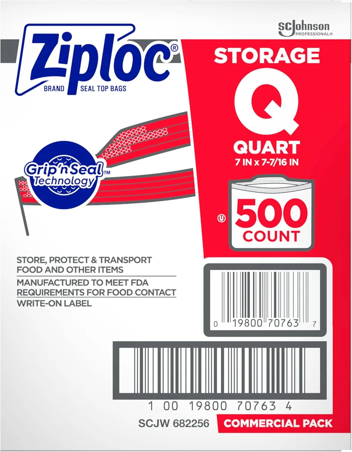 SC Johnson Professional Ziploc Storage Bags, For Food Organization and Storage, Double Zipper, Quart, 500 Count