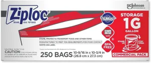 SC Johnson Professional Ziploc Storage Bags with New Grip 'n Seal Technology, For Food Organization and Storage, Double Zipper, Gallon, 250 Count