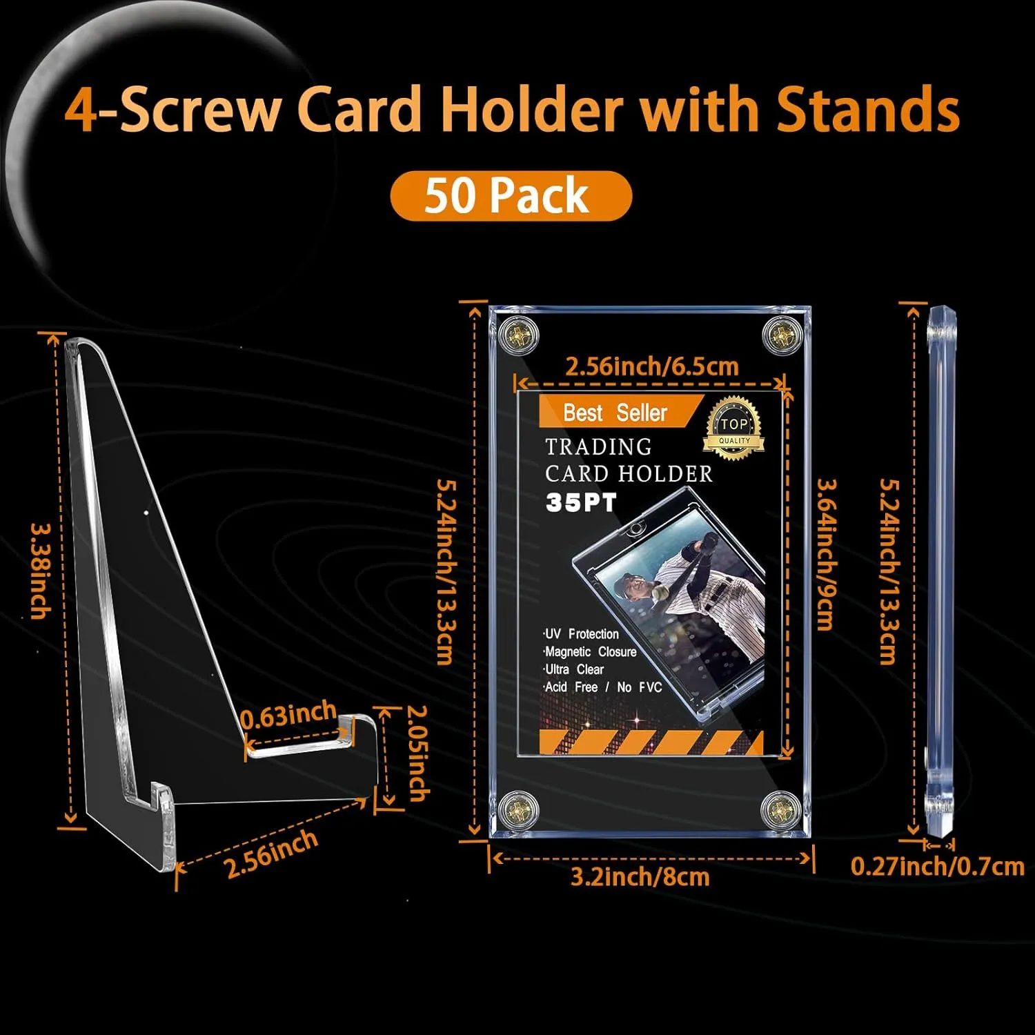 Screw Trading Card Protector with Display Stands Acrylic 35 PT Baseball Card Holder for Football Sports Game Business Display(50 Pcs)