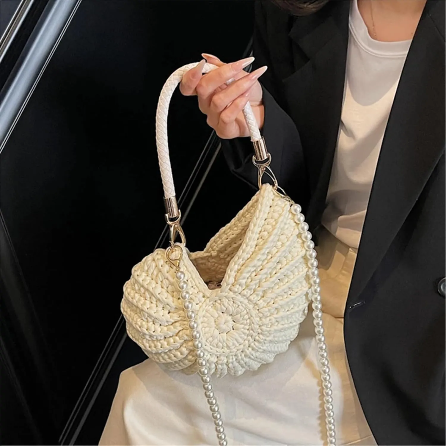Seashell Bag Boho Shell Purse Handwoven Crossbody Bag for Women with Pearl Strap Leather Handle & Premium Hardware