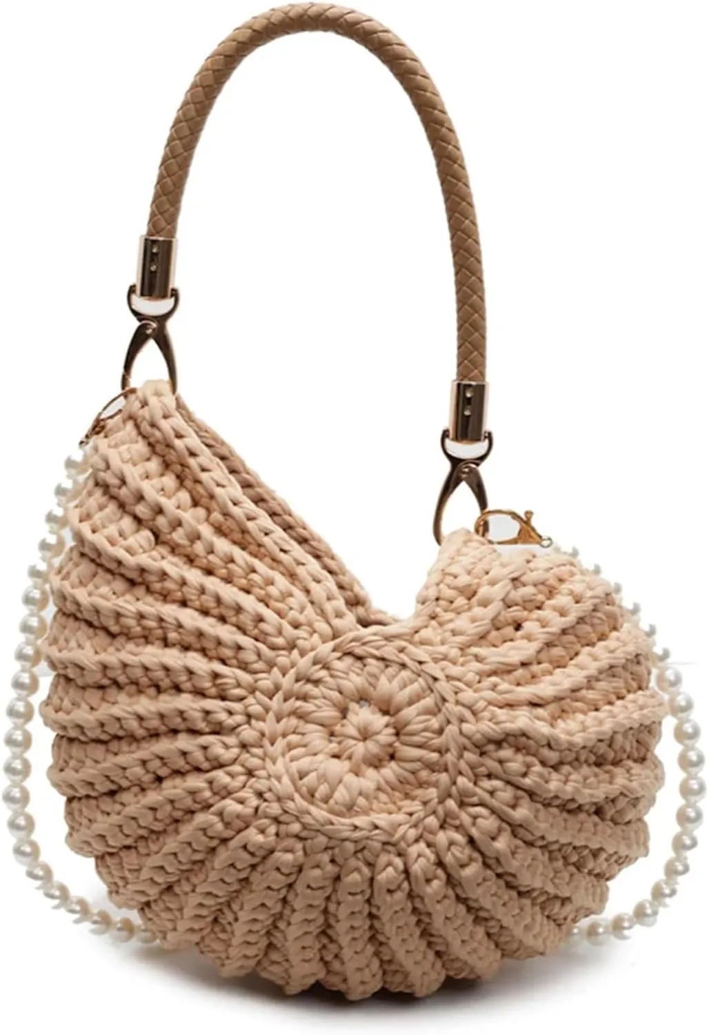 Seashell Bag Boho Shell Purse Handwoven Crossbody Bag for Women with Pearl Strap Leather Handle & Premium Hardware