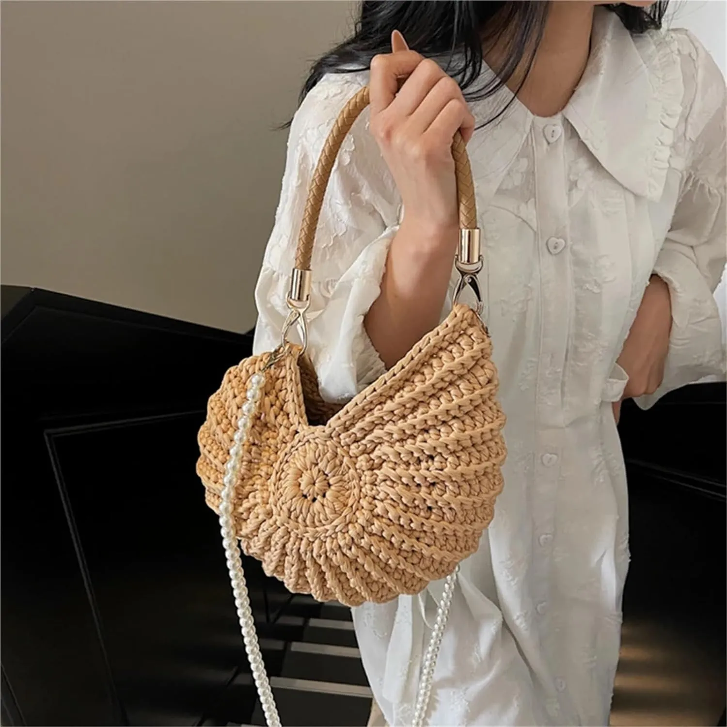 Seashell Bag Boho Shell Purse Handwoven Crossbody Bag for Women with Pearl Strap Leather Handle & Premium Hardware